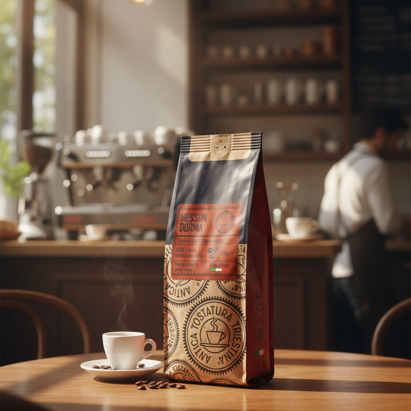 ATT Café Nessun Dorma Beans 250g Kaffeebeutel auf einem italienischen Café-Tisch