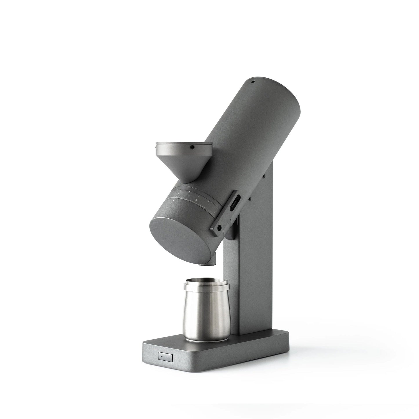 Acaia Orbit Single Dose Grinder elektrische Kaffeemühle grau mit silbernem Dosierbecher