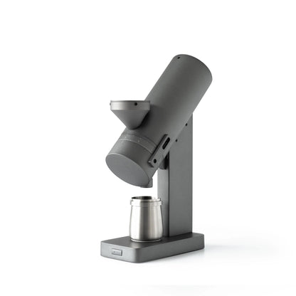 Acaia Orbit Single Dose Grinder elektrische Kaffeemühle grau mit silbernem Dosierbecher