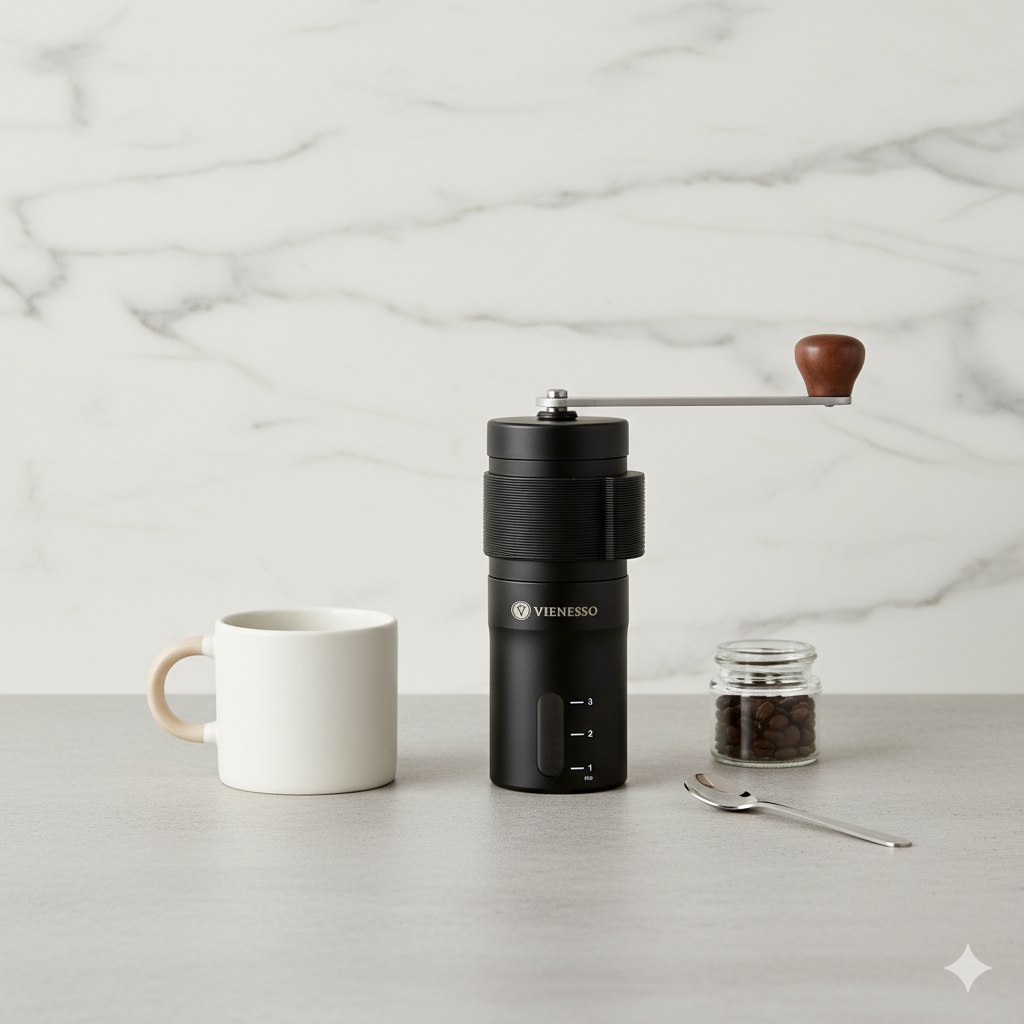 Kaffeemühle Manuell mit stufenloses Keramikmahlwerk - Kompakte Handkaffeemühle (schwarz)