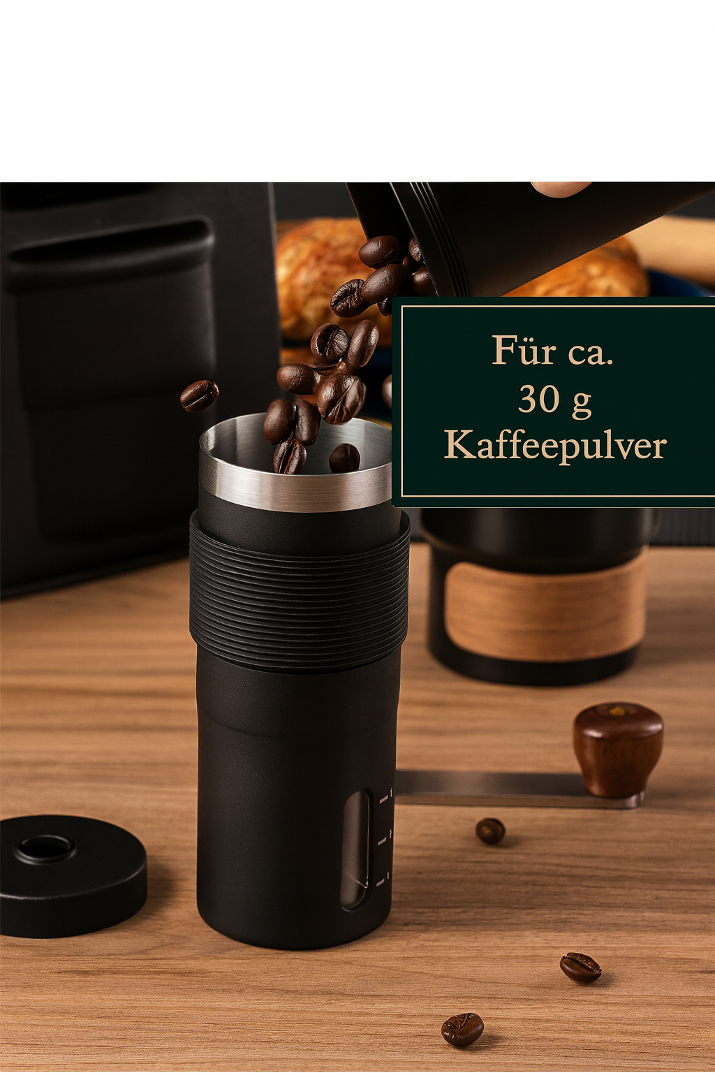 Kaffeemühle Manuell mit stufenloses Keramikmahlwerk - Kompakte Handkaffeemühle (schwarz)