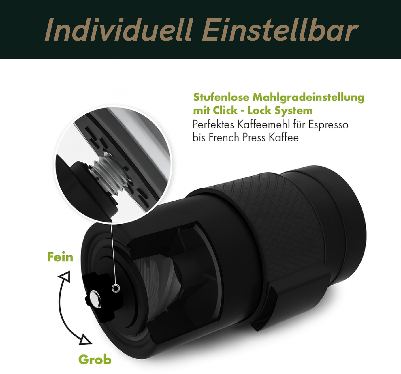 Kaffeemühle Manuell mit stufenloses Keramikmahlwerk - Kompakte Handkaffeemühle (schwarz)