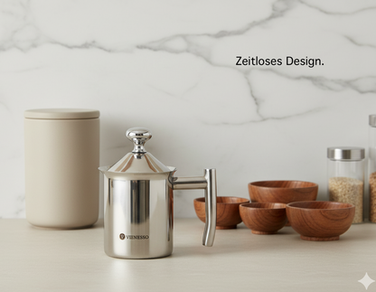 Manueller Hand-Milchaufschäumer aus Edelstahl mit Mesh-Sieb für cremigen Milchschaum - 400 ml