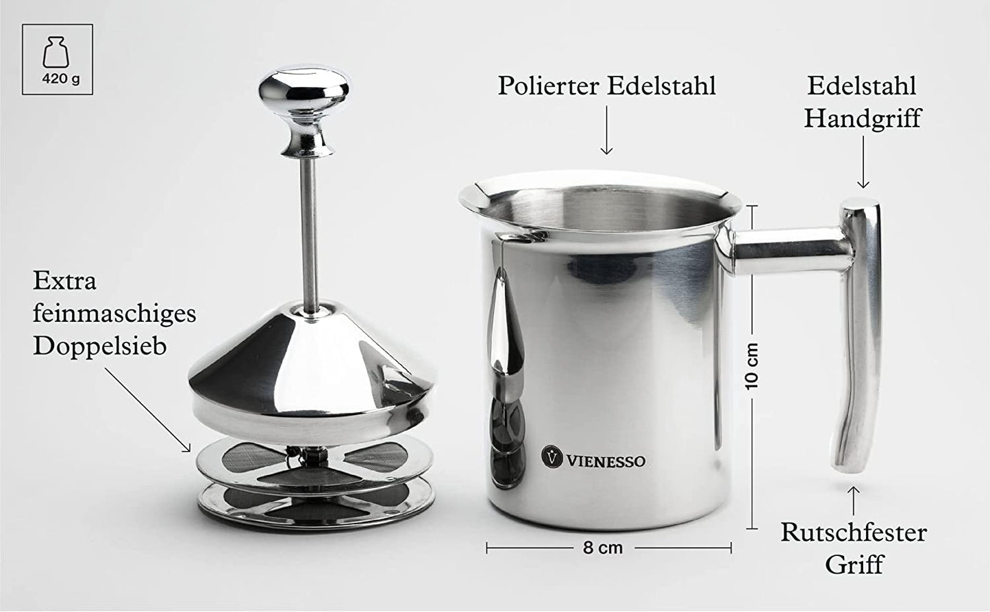 Manueller Hand-Milchaufschäumer aus Edelstahl mit Mesh-Sieb für cremigen Milchschaum - 400 ml