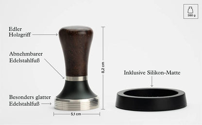 Tamper Set für Siebträger - Design Espresso-Stempel mit Holzgriff inkl. Ablage - 51 mm