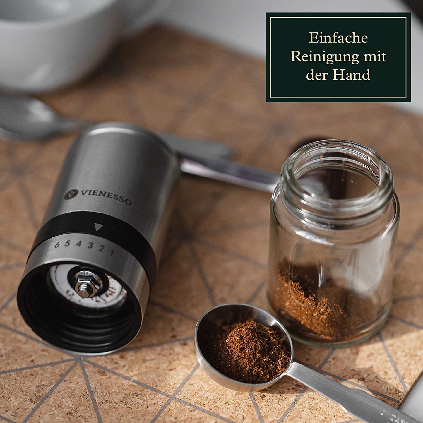 Manuelle Handkaffeemühle mit Keramik-Mahlwerk: Espressomühle mit 6-Stufen Mahlgradeinstellung